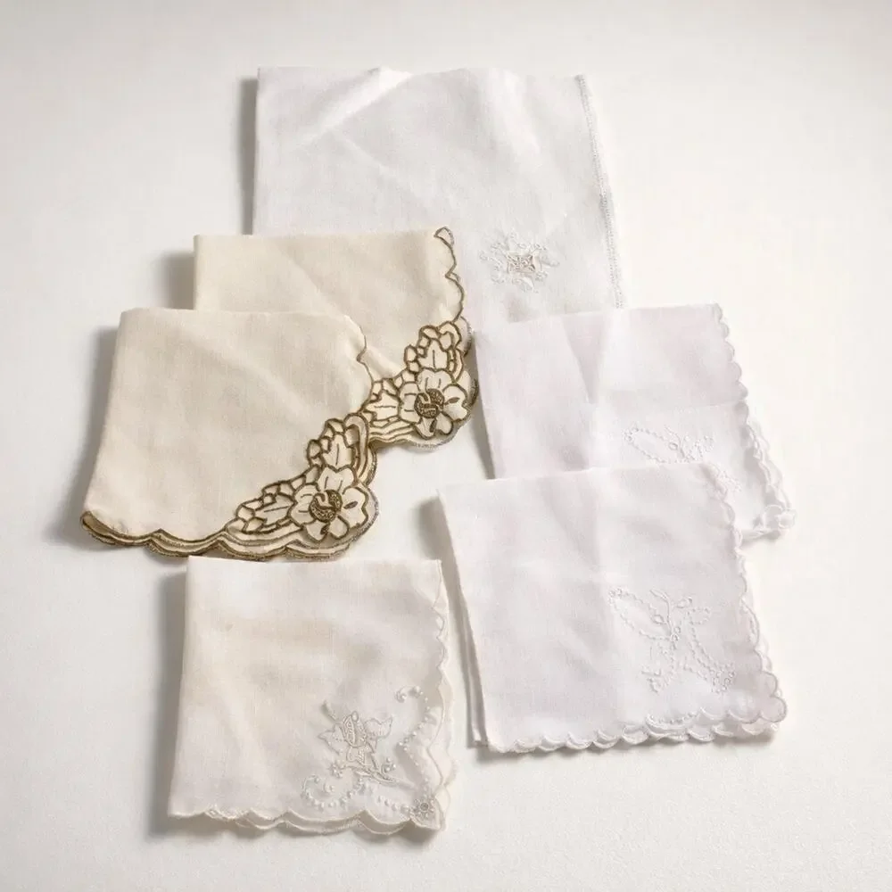 VTG MCM Cloth Napkins Ivory Lot Of 6 Square Scallops Embroidery Linen Mix Math